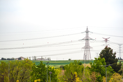 Two small houses and trees in a forest surround large electric towers linked by long cables on a cloudy day