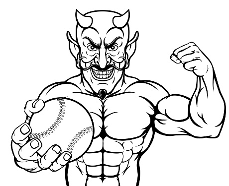A devil Satan baseball or softball sports mascot cartoon character man holding a ball