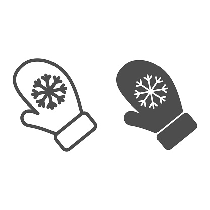 Snowflake gloves line and solid icon. Winter knitted mitten outline style pictogram on white background. Christmas seasonal fashion hand cloth for mobile concept and web design. Vector graphics