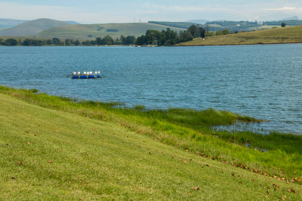 schwimmender steg im blauen wasser des midmar-staudamms - midmar stock-fotos und bilder