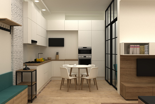 Interior design of a kitchen in compact apartment 3D render