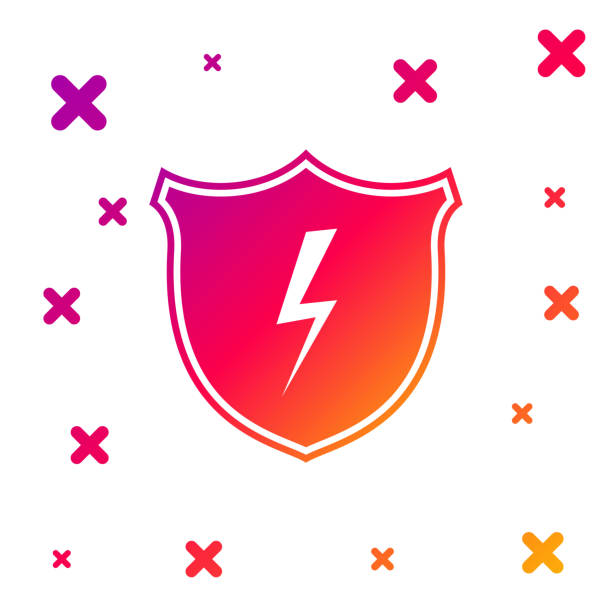 ilustrações de stock, clip art, desenhos animados e ícones de color secure shield with lightning icon isolated on white background. security, safety, protection, privacy concept. gradient random dynamic shapes. vector illustration - honor guard flash