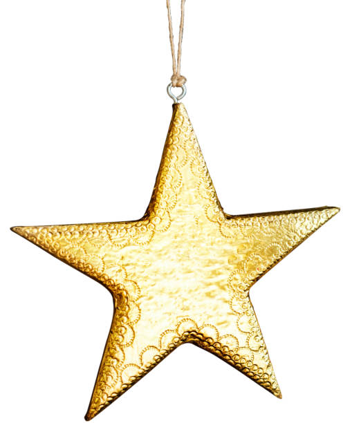 istock Hanging on a string Christmas star in gold on a white background. Background or texture 1218747685
