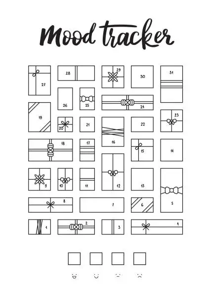 Vector illustration of Printable A4 Christmas Gifts Mood Tracker. Tracker to track your daily mood for 31 days