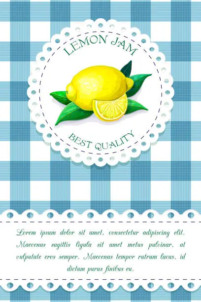 Vector illustration of label with juicy ripe lemon on chequered backdrop in retro country style for product package design. vector blue and white plaid background with citrus fruits. organic food, juice, jam badge template