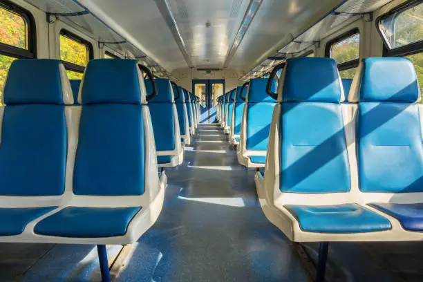 Salon of an electric train car without passengers in Russia