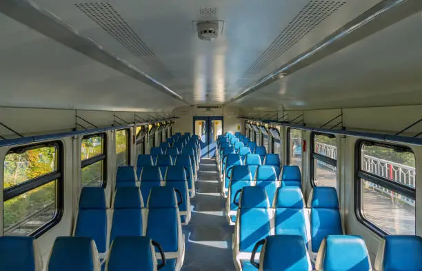 View of the interior of an electric train car without passengers in Russia