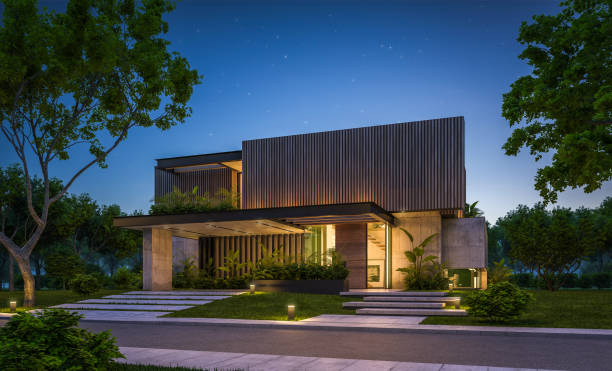 istock 3d rendering of modern house with wood plank facade in night 1218749065