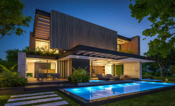 istock 3d rendering of modern house with wood plank facade in night 1218749449