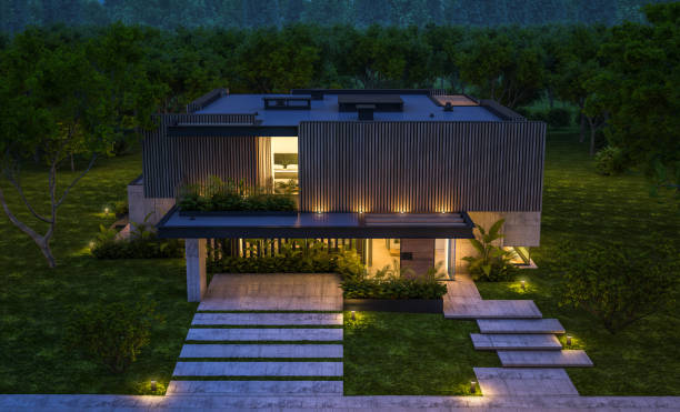 istock 3d rendering of modern house with wood plank facade in night 1218749575