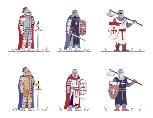중세 기사 플랫 벡터 일러스트 세트입니다. 장갑 전사는 흰색 배경에 윤곽 요소와 만화 캐릭터를 격리. 중세 십자군, 검객. 고대 전쟁 - cavalier stock illustrations