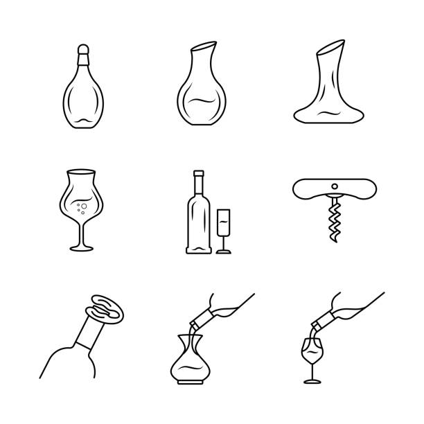 ilustraciones, imágenes clip art, dibujos animados e iconos de stock de conjunto de iconos lineales de servicio de vino. bebida de alcohol vertiendo en símbolos de contorno de línea delgada de vidrio. vasos de vino, decantadores. sommelier, barman. ilustraciones de contorno vectoriales aislados. trazo editable - wine pouring wineglass red