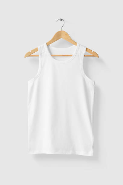 Blank White Tank Top Shirt Mock-up on wooden hanger, front side view.
