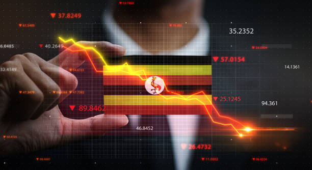 istock Graph Falling Down in Front Of Uganda Flag. Crisis Concept 1218751769