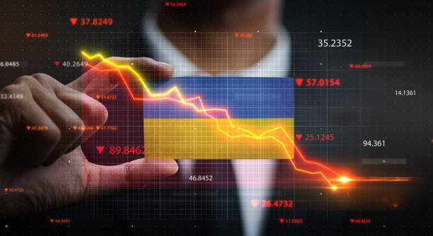 istock Graph Falling Down in Front Of Ukraine Flag. Crisis Concept 1218751777