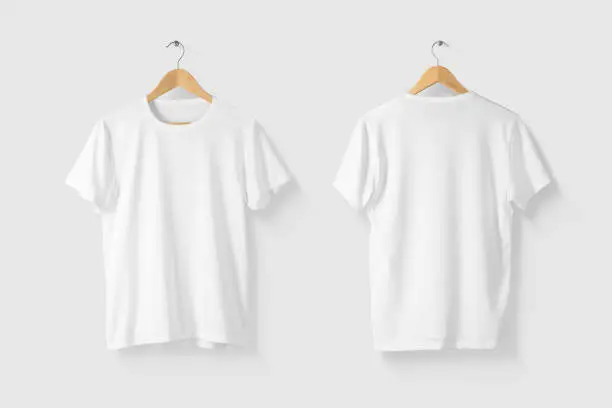 Photo of Blank White T-Shirt Mock-up on wooden hanger, front and rear side view.