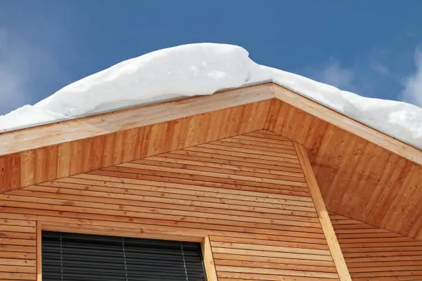 snowy rooftop of wooden house in Switzerland