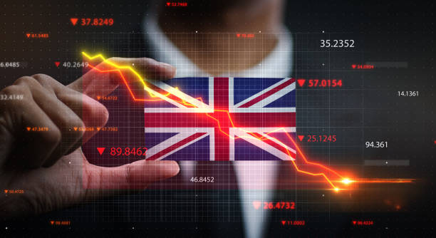 istock Graph Falling Down in Front Of United Kingdom Flag. Crisis Concept 1218752517