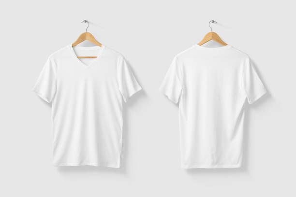 istock Blank White T-Shirt Mock-up on wooden hanger, front and rear side view. 1218752521
