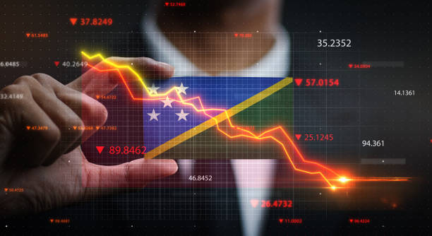istock Graph Falling Down in Front Of Solomon Islands Flag. Crisis Concept 1218753585