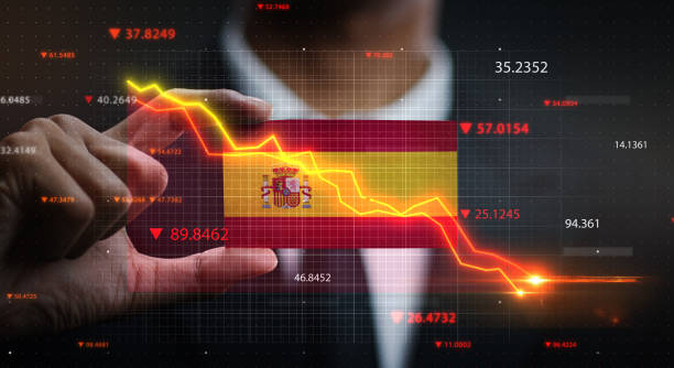 Graph Falling Down in Front Of Spain Flag. Crisis Concept