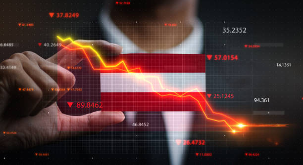 istock Graph Falling Down in Front Of Austria Flag. Crisis Concept 1218754627