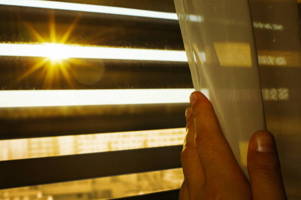 istock Looking out of the window with blinds on a sunny day. Quarantine exit restrictions, home office and Covid 19 concept. 1218755696