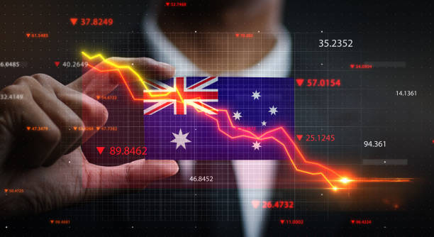 istock Graph Falling Down in Front Of  Australia Flag. Crisis Concept 1218755721