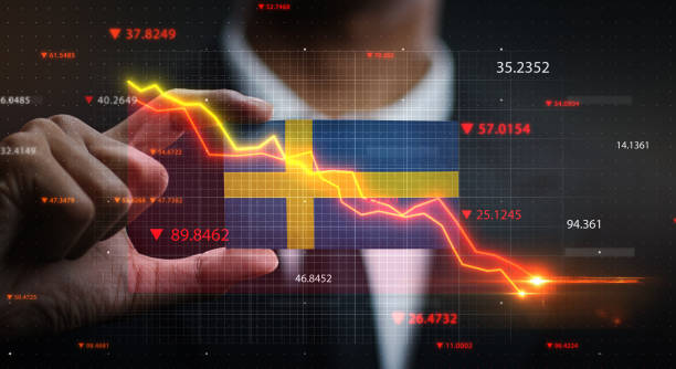 istock Graph Falling Down in Front Of Sweden Flag. Crisis Concept 1218755884