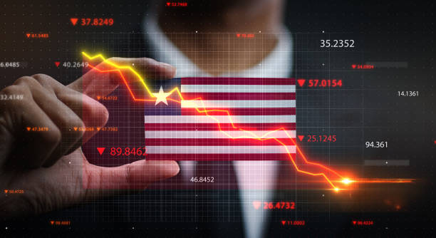 istock Graph Falling Down in Front Of Liberia Flag. Crisis Concept 1218755885