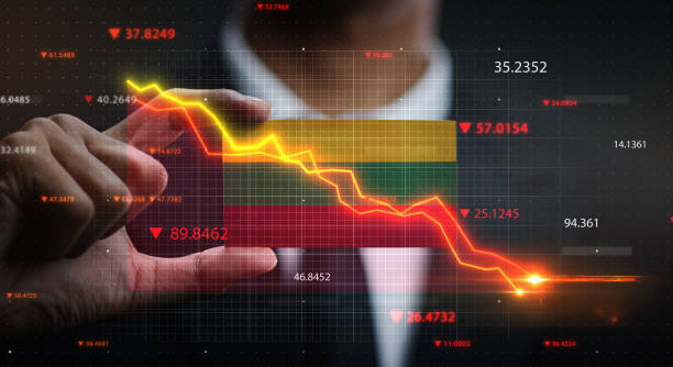 istock Graph Falling Down in Front Of Lithuania Flag. Crisis Concept 1218756212