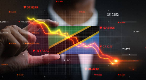 istock Graph Falling Down in Front Of Tanzania Flag. Crisis Concept 1218756292