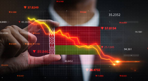 istock Graph Falling Down in Front Of Belarus Flag. Crisis Concept 1218756398