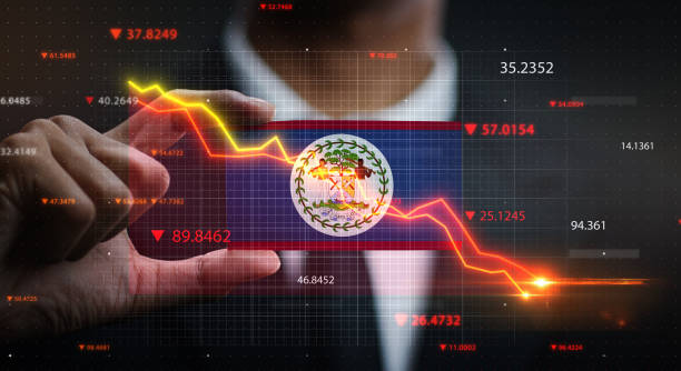 istock Graph Falling Down in Front Of Belize Flag. Crisis Concept 1218756420