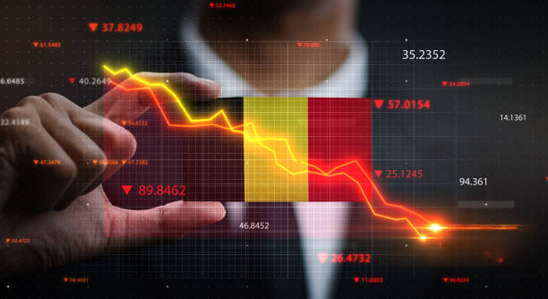 istock Graph Falling Down in Front Of Belgium Flag. Crisis Concept 1218756443