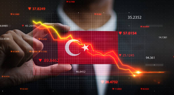 Graph Falling Down in Front Of Turkey Flag. Crisis Concept Graph Falling Down in Front Of Turkey Flag. Crisis Concept ankara turkey photos stock pictures, royalty-free photos & images