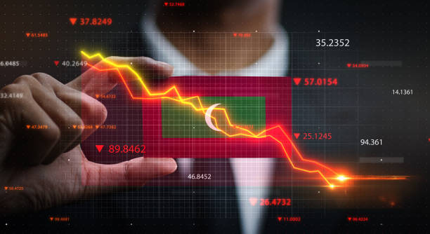 istock Graph Falling Down in Front Of Maldives Flag. Crisis Concept 1218757229