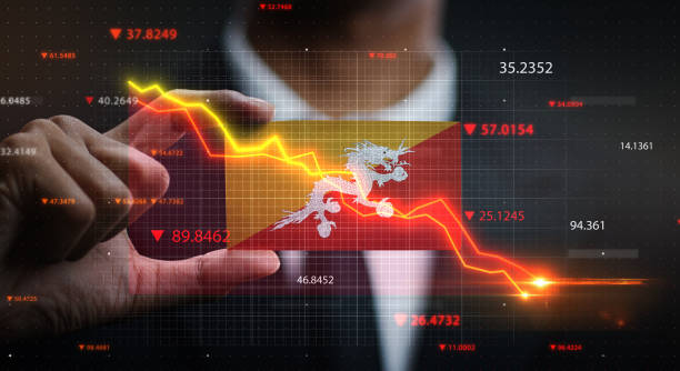 istock Graph Falling Down in Front Of Bhutan Flag. Crisis Concept 1218757305