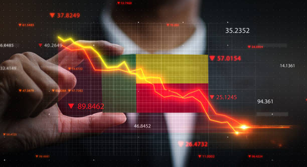 istock Graph Falling Down in Front Of Benin Flag. Crisis Concept 1218757315
