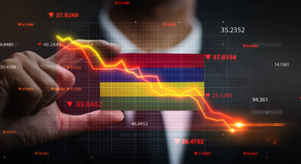 istock Graph Falling Down in Front Of Mauritius Flag. Crisis Concept 1218757573