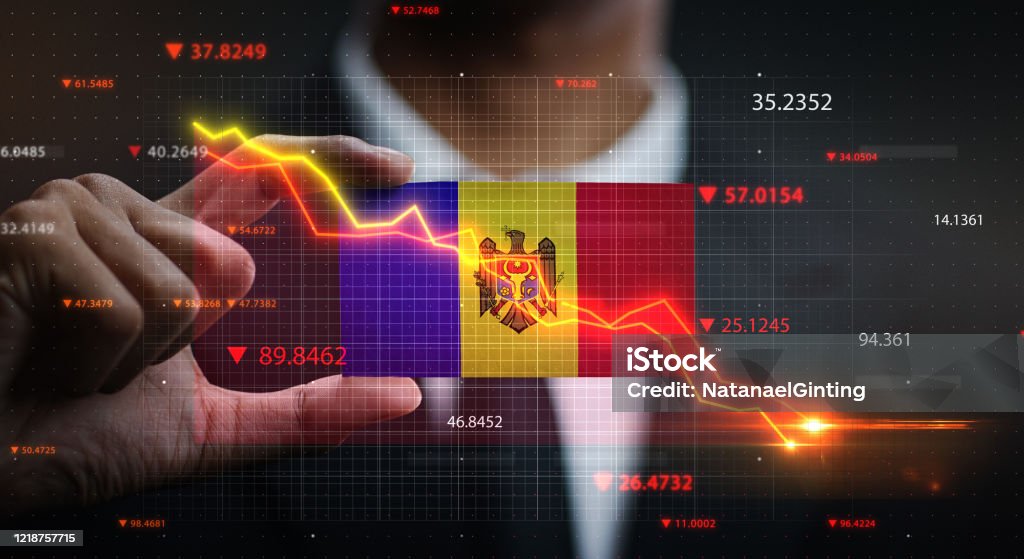 Graph Falling Down in Front Of Moldova Flag. Crisis Concept Australia Stock Photo