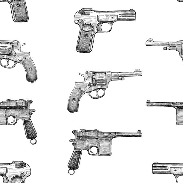 Seamless pattern of sketches old pistols Vector background of sketches old handguns. old guns stock illustrations