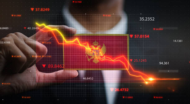istock Graph Falling Down in Front Of Montenegro Flag. Crisis Concept 1218757862