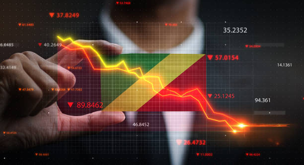 istock Graph Falling Down in Front Of Republic of the Congo Flag. Crisis Concept 1218758775