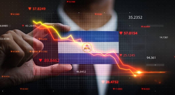 istock Graph Falling Down in Front Of Nicaragua Flag. Crisis Concept 1218758781