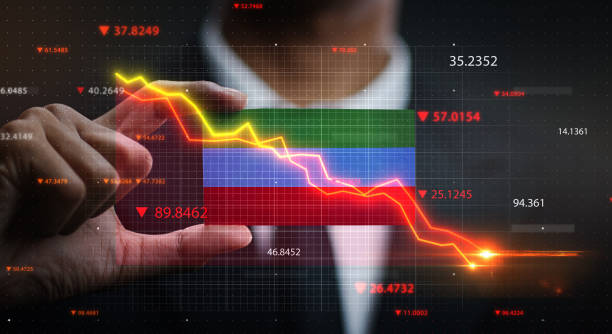 istock Graph Falling Down in Front Of  Dagestan Flag. Crisis Concept 1218758783