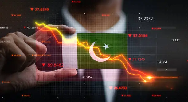 Graph Falling Down in Front Of Pakistan Flag. Crisis Concept