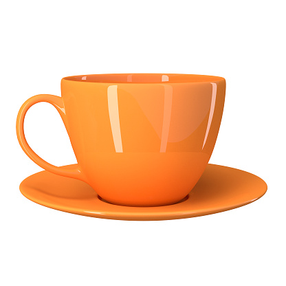 Orange cup with saucer isolated on a white background. 3d image