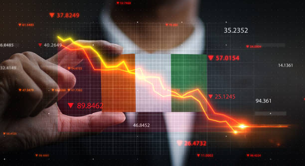 istock Graph Falling Down in Front Of Ivory Coast Flag. Crisis Concept 1218759458