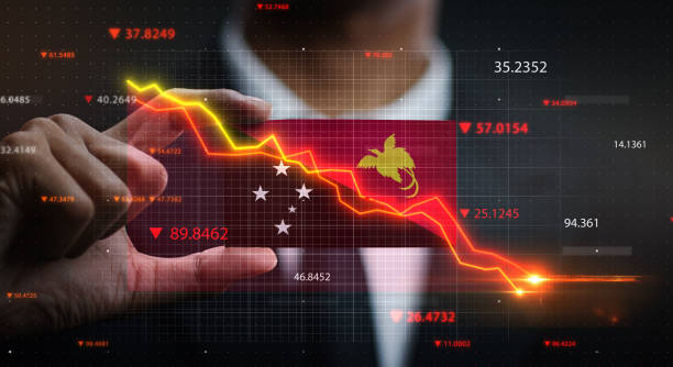 istock Graph Falling Down in Front Of Papua New Guinea Flag. Crisis Concept 1218759480